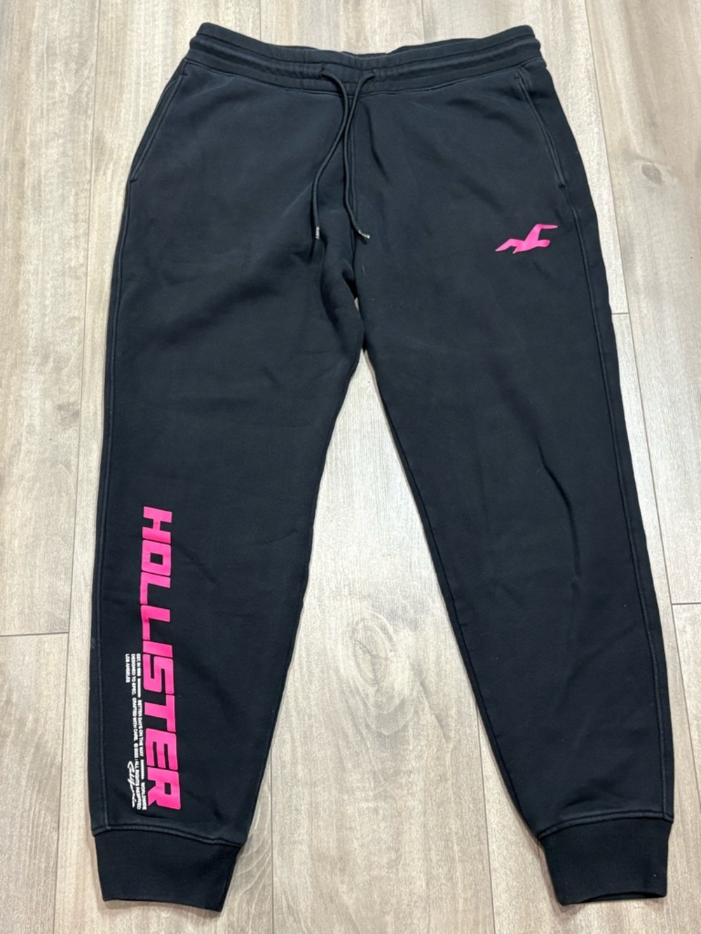Hollister Men’s Black Joggers Sweatpants with Hot Pink Logo and Script Size M